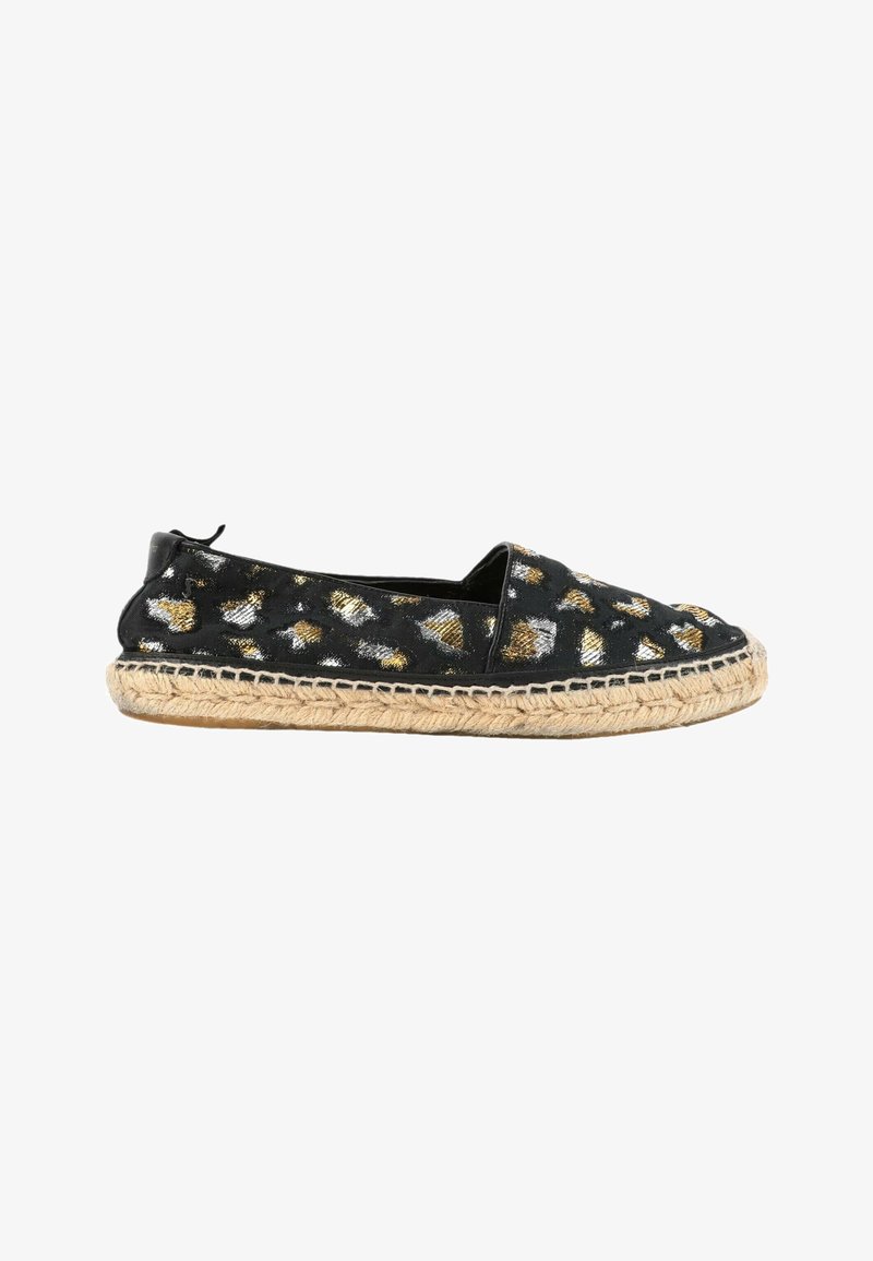 Chaussure plate espadrille noire avec taches léopard métalliques dorées et argentées et semelle en jute tressée.