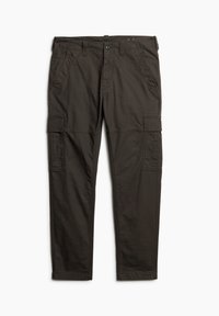 Pantalon cargo vert olive foncé avec plusieurs poches, fermeture par boutons et passants pour ceinture, présenté à plat sur un fond blanc.