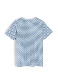 Niebieska koszulka z krótkim rękawem w diamentowy wzór, z okrągłym dekoltem, uszyta z gładkiego, lekkiego materiału. Widok z tyłu.