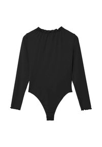 Body nero a maniche lunghe con scollatura arricciata e polsini a volant. Design aderente con apertura alta sulla gamba e texture liscia.