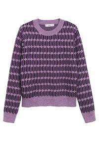 Maglione viola con motivo geometrico a diamante in diverse sfumature, scollo rotondo a coste e maniche lunghe. Tessuto a maglia morbido.