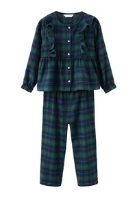 Ensemble de pyjama à carreaux verts comprenant un haut à boutons avec des volants aux épaules et des poignets élastiques, associé à un pantalon droit.