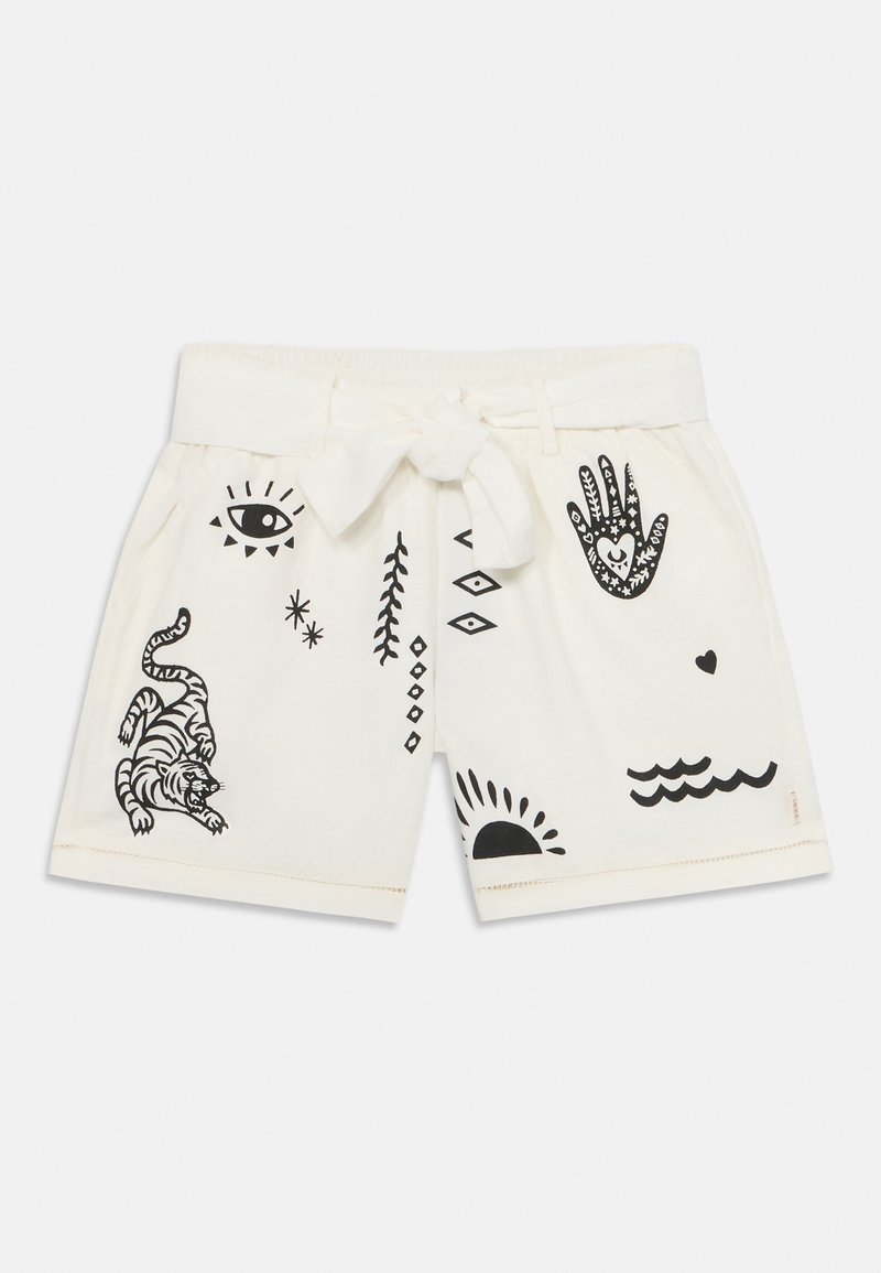 Hvite shorts laget av bomull, med svarte grafiske trykk som inkluderer en tiger, hender, sol og ulike geometriske former. Justerbart midjebånd.