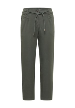 Pantalon droit vert olive avec fermeture à boutons sur le devant et taille réglable à cordon, avec poches latérales et détails cousus.