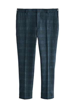 Dunkelblaue Hose mit dezentem Karomuster. Aus gewebtem Stoff gefertigt; verfügt über einen Knopfverschluss und Seitentaschen. Gerades Bein Design.