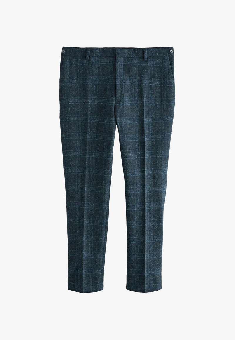 Temno modri hlače z rahlim karirastim vzorcem. Narejene iz tkanine; imajo gumbasto zapiranje in stranske žepe. Oblika z ravnimi nogavicami.