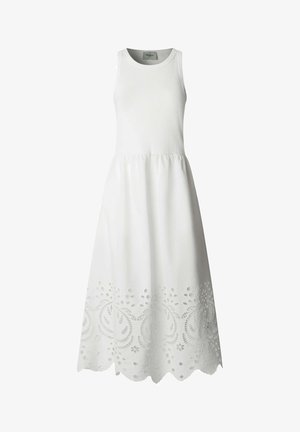 Bela obleka brez rokavov s prilegajočim se zgornjim delom, nabranim pasom in robom z nazobčanimi obrobami, ki prikazuje vezenje s cvetličnimi izrezi.