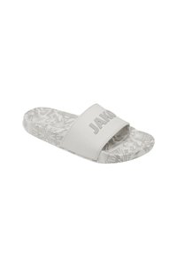 Witte slidesandalen met een gestructureerde, patroonachtige zool; voorzien van een brede, platte band met de opdruk "JAKO". Gladde oppervlakken en een lichtgewicht ontwerp.