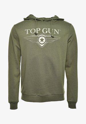 Oliven grøn hoodie med snoretræk i hætten, der har et "TOP GUN" logo i lys grå samt et vinger-stjerne grafik. Blødt stof, elastiske manchetter.