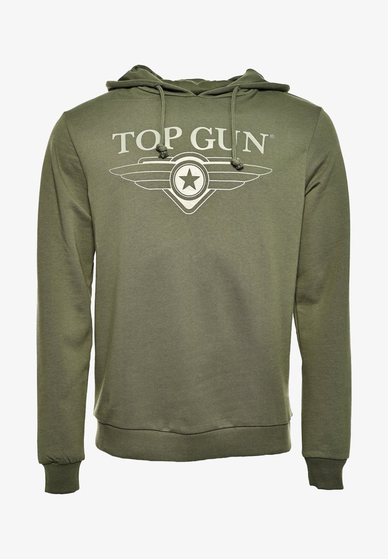 Oliven grøn hoodie med snoretræk i hætten, der har et "TOP GUN" logo i lys grå samt et vinger-stjerne grafik. Blødt stof, elastiske manchetter.