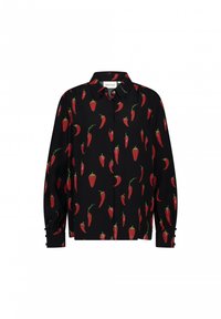 Black button-up shirt featuring a pattern of red chili peppers, with green accents. Long sleeves with button details at the cuffs.