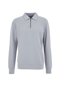 Light grey pullover with a collar and a short zip. Composed of textured fabric, featuring long sleeves and ribbed cuffs and hem.