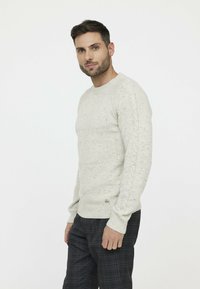 Hellgrauer Pullover aus strukturiertem Strickmaterial, mit Zopfmuster an den Ärmeln und rundem Ausschnitt. Kombiniert mit karierten Hosen.