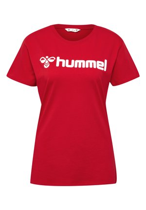 Rotes Baumwoll-T-Shirt mit einem weißen "hummel"-Logo auf der Vorderseite. Kurze Ärmel und ein runder Ausschnitt; glatte Textur mit einer lockeren Passform.