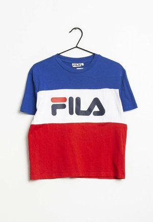 Short-sleeve Fila t-shirt features blue, white, and red color blocking with a prominent black logo on the front. Made from cotton fabric.