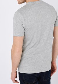 Hellgraues, kurzärmliges T-Shirt in taillierter Passform, aus weich strukturiertem Baumwollstoff. Besitzt einen Rundhalsausschnitt und einen nahtlosen Rücken.