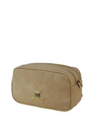 Beige rechthoekig leren etui met twee gouden ritsen en een gouden BRUNOMAGLI-logo aan de voorkant.