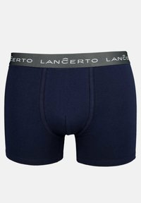 Granatowe bawełniane bokserki z szarym elastycznym pasem, na którym widnieje marka "Lancerto" w białym nadruku. Charakteryzują się dopasowanym krojem i gładką fakturą.