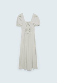 Hellgraues Midi-Kleid mit Puffärmeln, strukturiertem Stoff, V-Ausschnitt und Schnürung am Rücken. Fließender Rock mit tailliertem Oberteil.