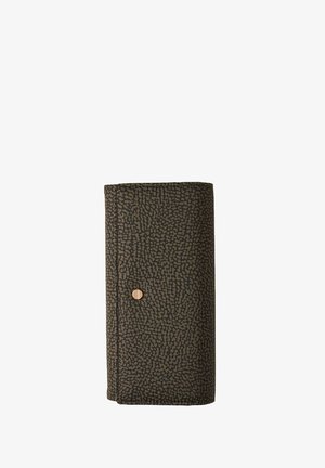 Dark brown wallet with black dotted pattern, rectangular shape, and small round gold clasp on front.