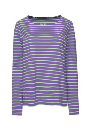 Camicia a maniche lunghe di colore viola con righe orizzontali verdi. Presenta un colletto a girocollo e un tessuto morbido. Logo del marchio sull'etichetta del collo.
