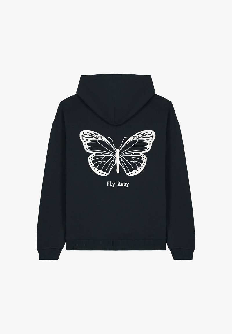 Felpa nera con cappuccio caratterizzata da una grande grafica di una farfalla bianca sul retro con la scritta "Fly Away" sotto. Materiale morbido, vestibilità standard e design con cappuccio.