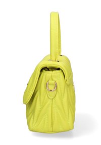Borsa a tracolla gialla trapuntata con manico superiore, caratterizzata da una texture liscia, dettagli ad anello laterale e chiusura a patta.
