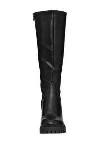 Botas de cuero negras hasta la rodilla con un acabado suave, cierre de cremallera lateral, suela de goma gruesa y silueta ajustada.