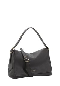 Leren schoudertas in donkergrijs met een gestructureerde afwerking, enkele verstelbare schouderriem en gouden accenten. Glad klepontwerp.