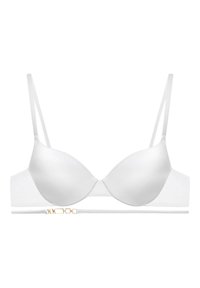 Biała biustonosz typu push-up z gładkimi, satynowymi miseczkami, regulowanymi ramiączkami oraz wąskim pasem z akcentem w postaci złotego detalu.