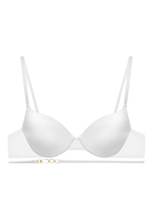 Biała biustonosz typu push-up z gładkimi, satynowymi miseczkami, regulowanymi ramiączkami oraz wąskim pasem z akcentem w postaci złotego detalu.