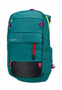 Teal backpack with a padded front, pink accents, a red zipper pull, and a black lower panel. Features adjustable straps and side mesh pockets.