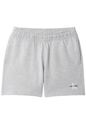 Light gray casual shorts with elastic waistband, side pockets, and small Calvin Klein logo on lower left leg.