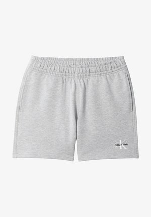 Light gray casual shorts with elastic waistband, side pockets, and small Calvin Klein logo on lower left leg.