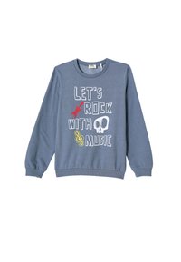 Niebieska bluza z ribbowymi mankietami i dolnym wykończeniem, z graficznym nadrukiem zawierającym tekst oraz motyw czaszki w białych i czerwonych akcentach.