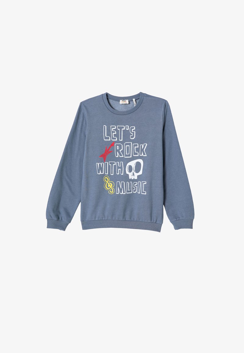 Blauwe sweatshirt met ribbels aan de mouwen en onderrand, met een grafische print die tekst en een schedelmotief in witte en rode accenten bevat.