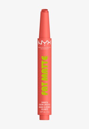 Koraalkleurige NYX Professional Makeup Fat Matte lippenstift met gladde kleur in krijt-stijl verpakking met groene en witte tekst.