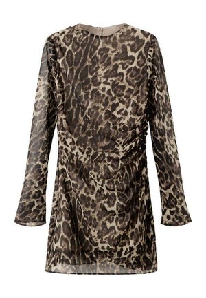 Vestido con estampado de leopardo, mangas largas y translúcidas, detalles fruncidos y cremallera en la parte trasera. Colores marrón, crema y negro. Textura suave.