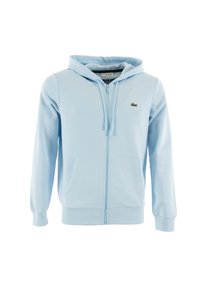 Sudadera con cremallera azul claro hecha de tejido suave, con capucha, dos bolsillos frontales y un pequeño logo verde en el lado izquierdo del pecho.