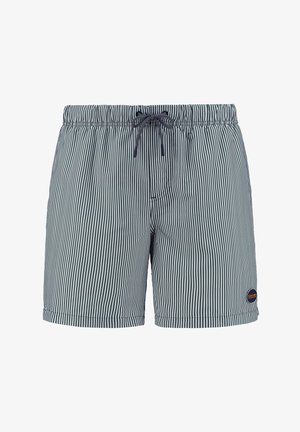 Pantaloni scurți de înot pentru bărbați, cu dungi verticale alb-negru, talie elastică cu șnur, lungime medie, cu patch cu logo pe piciorul stâng.