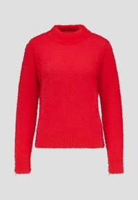 Rode, harige trui met een hoge hals, lange mouwen en een ribgebreide zoom. Zachte textuur en losse pasvorm, geschikt voor casual draag.