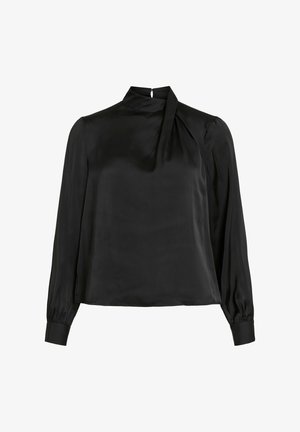 Čierna saténová blúzka s vysokým golierom, dlhými naberanými rukávmi a plisovaným detailom vpredu. Hladká textura a skrytý zips na zadnej strane.