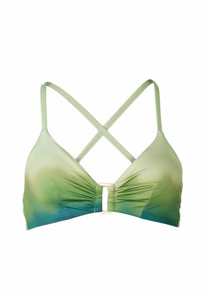 Bikini-Oberteil mit grünem Farbverlauf und gekreuzten Trägern, das in der Mitte gerafft ist und einen metallischen Verschlussakzent hat. Glatte Stofftextur.