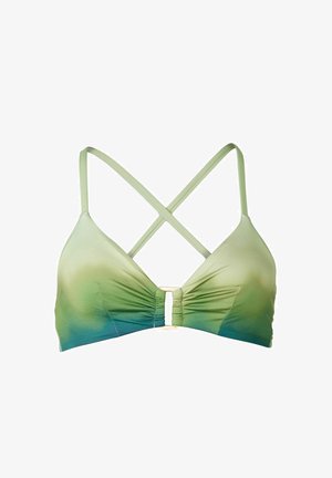 Žalias gradientinis bikinio viršus su kryžiais sukabintomis petnešomis, centru su raukiniais ir metaliniu akcentu uždarymui. Lygus audinio paviršius.