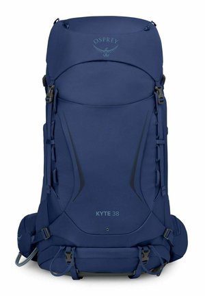 Sac à dos de randonnée bleu Blue Osprey Kyte 38 avec bretelles réglables, poches latérales et rabat supérieur pour le rangement.