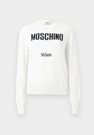 Fehér hosszú ujjú pulóver fekete "MOSCHINO" felirattal a mellkason és kisebb "Milano" felirattal alatta, kerek nyakkivágással.