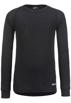 Chemise noire à manches longues avec une texture côtelée. Caractéristiques : col rond et ourlet arrière légèrement allongé. Logo blanc au bas.