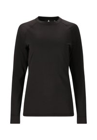 Sort langærmet skjorte lavet af glat stof. Den har en rund halsudskæring og raglanærmer med minimalistisk design og ingen synlige detaljer.
