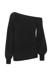 Sort off-shoulder sweater med lange, puffede ærmer. Blødt, struktureret stof; asymmetrisk kant.
