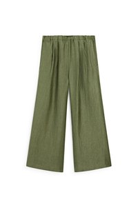 Wijde broek in olijfgroen, met een textuur en lichte stof, voorzien van een elastische tailleband en subtiele plooien voor comfort en bewegingsvrijheid.
